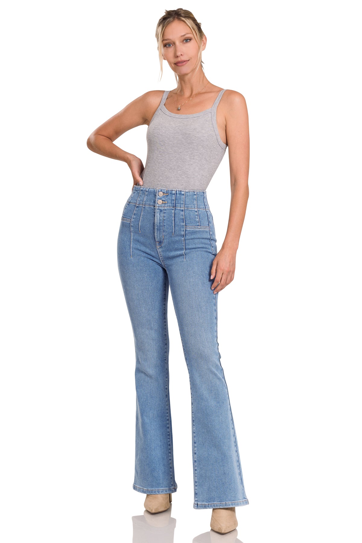 Fashion Forward Versatile Hip and Cool Retro Vibes lady with jeans and gray tank