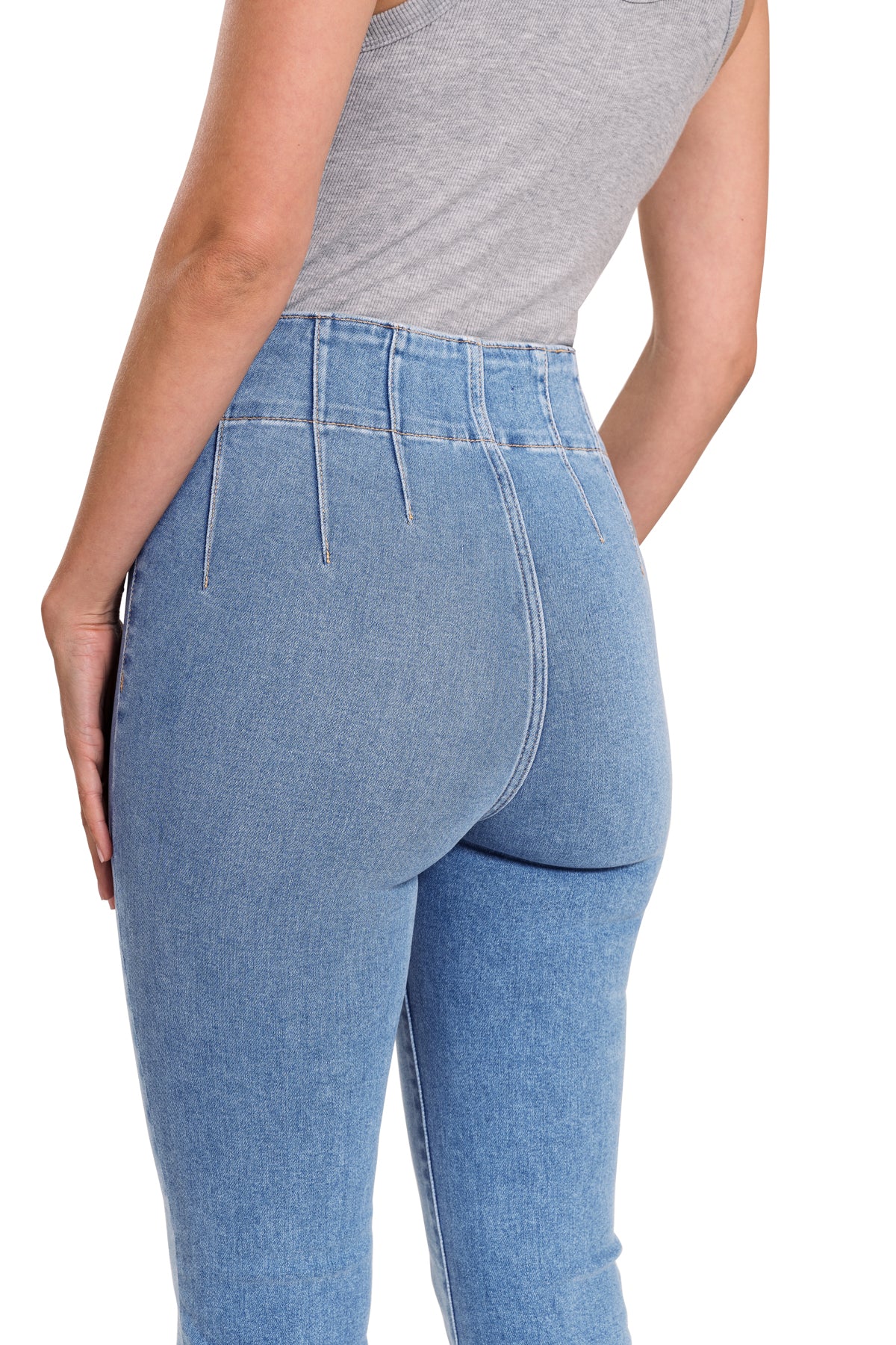 flare jeans with gray tank back view of jeans