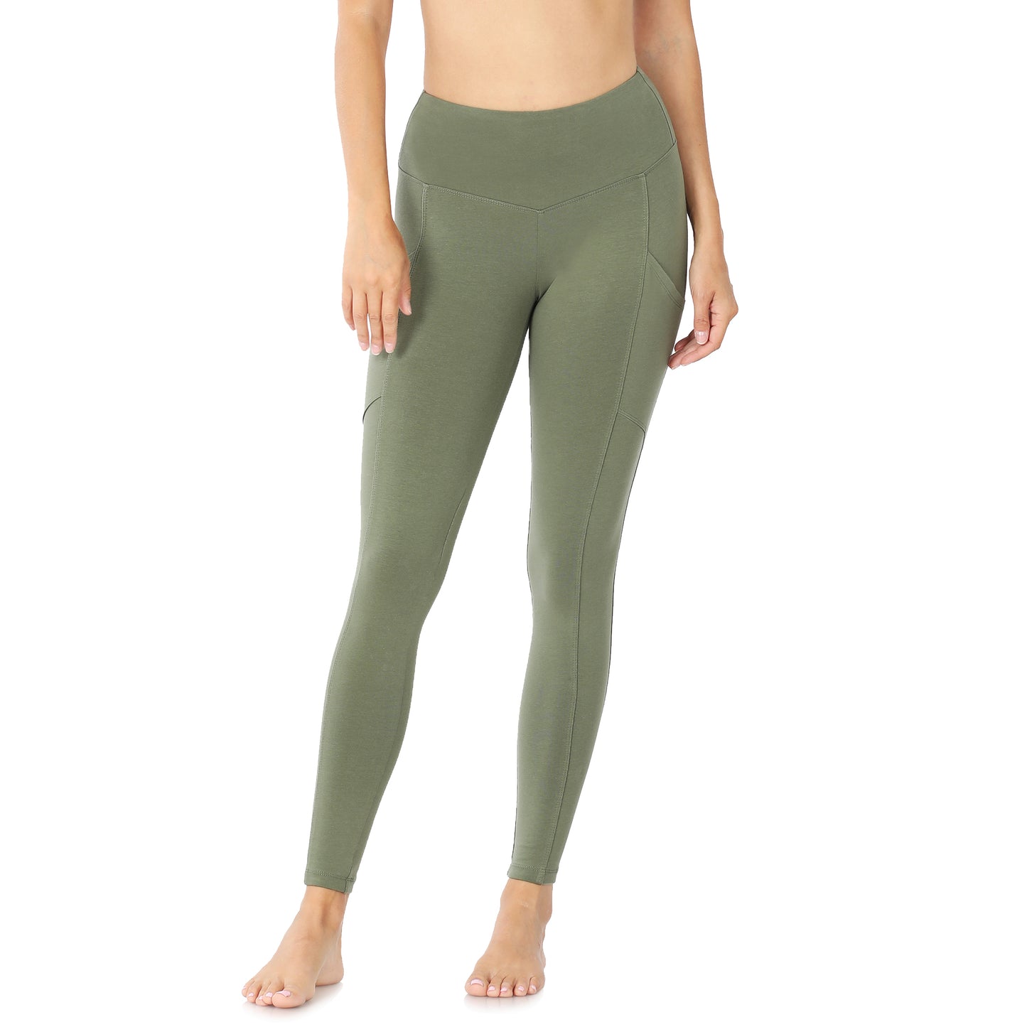 Leggings Cotton Wide Waistband Pockets Comfort Stretch Activewear